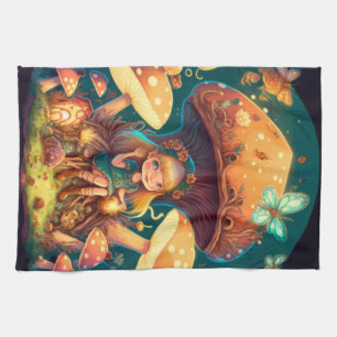 Little girl elve among mushrooms tea towel
