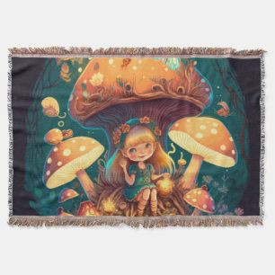 Little girl elve among mushrooms throw blanket