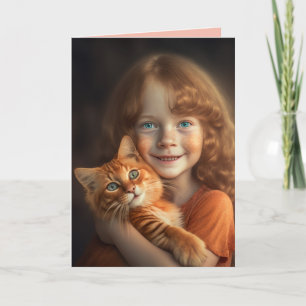 LITTLE GIRL & GINGER CAT CUTE BIRTHDAY GREETING  CARD