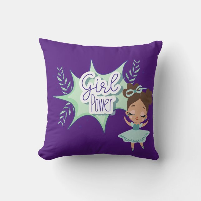Little girl, girl power, green and purple cushion (Front)