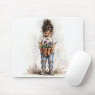 Little Girl Holding a Broken Flower Pot Mouse Mat