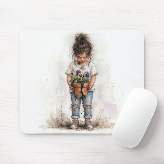 Little Girl Holding a Broken Flower Pot Mouse Mat (With Mouse)