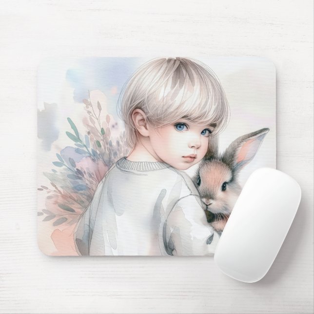 Little Girl Holding a Bunny Mouse Mat (With Mouse)