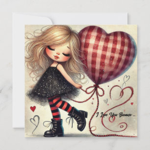 Little girl holding basket red glitter hearts holiday card