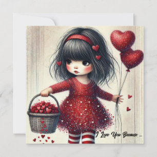 Little girl holding basket red glitter hearts holiday card