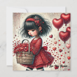Little girl holding basket red glitter hearts holiday card
