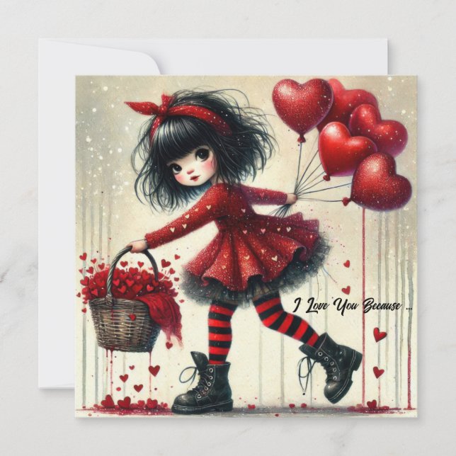 Little girl holding basket red glitter hearts holiday card (Front)