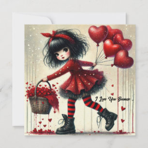 Little girl holding basket red glitter hearts holiday card