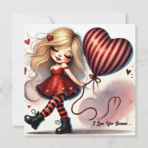 Little girl holding basket red glitter hearts holiday card