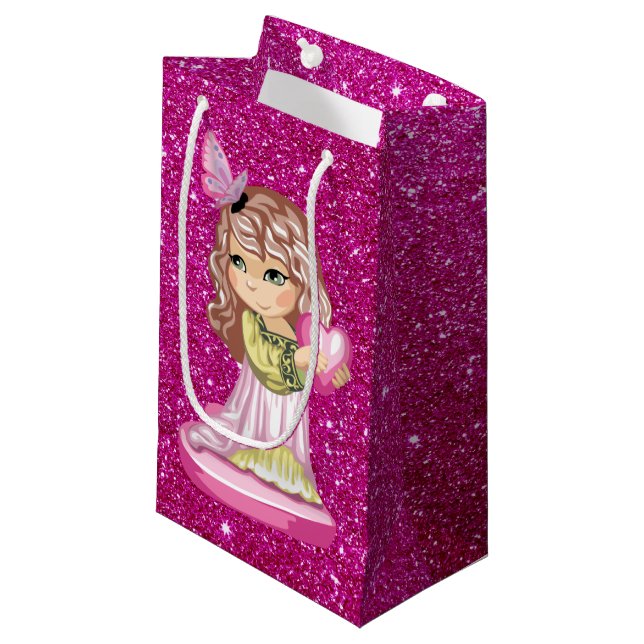 Little Girl Holding Heart Fuschia Faux Glitter Small Gift Bag (Front Angled)