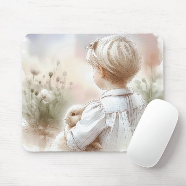 Little Girl Holding Her Pet Bunny Mouse Mat (With Mouse)