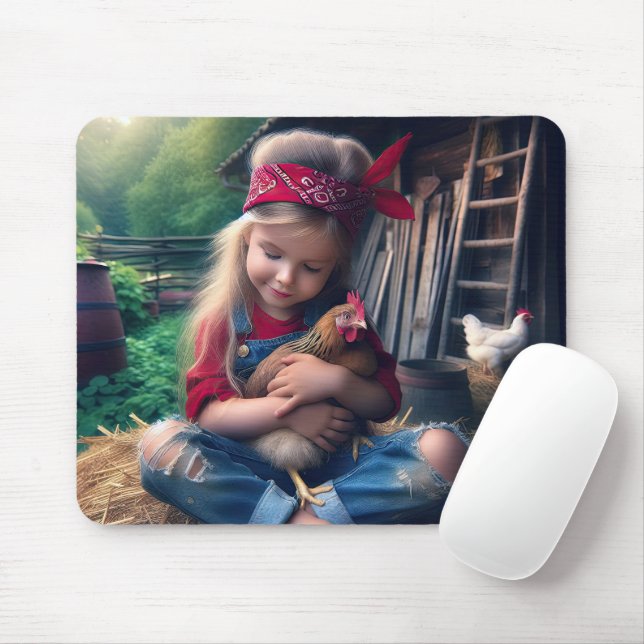 Little Girl Hugging a Chicken Mouse Mat (With Mouse)