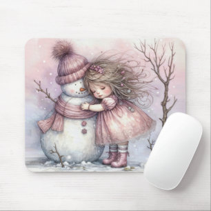 Little Girl Hugging a Snowman Mouse Mat