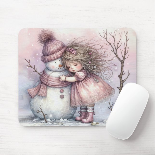 Little Girl Hugging a Snowman Mouse Mat (With Mouse)