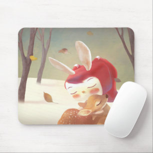 Little Girl Hugging Deer Mouse Mat