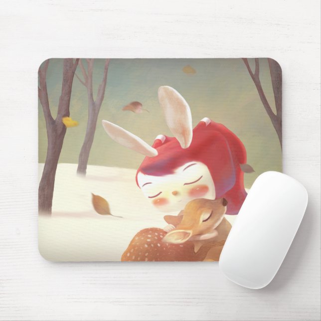 Little Girl Hugging Deer Mouse Mat (With Mouse)