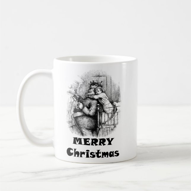 Little girl Hugging Santa Claus Christmas Art Coffee Mug (Left)