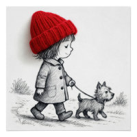 Little Girl In 3-D Red Hat Walking Her Dog