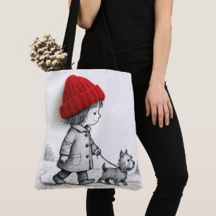 Little Girl In 3-D Red Hat Walking Her Dog Tote Bag