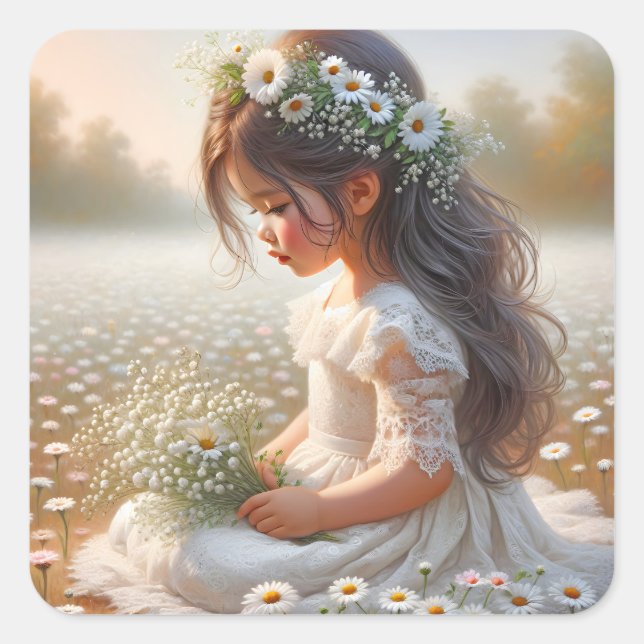 Little Girl In A Daisy Field Square Sticker (Front)