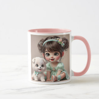 Little girl in a green dress and her white puppy. mug