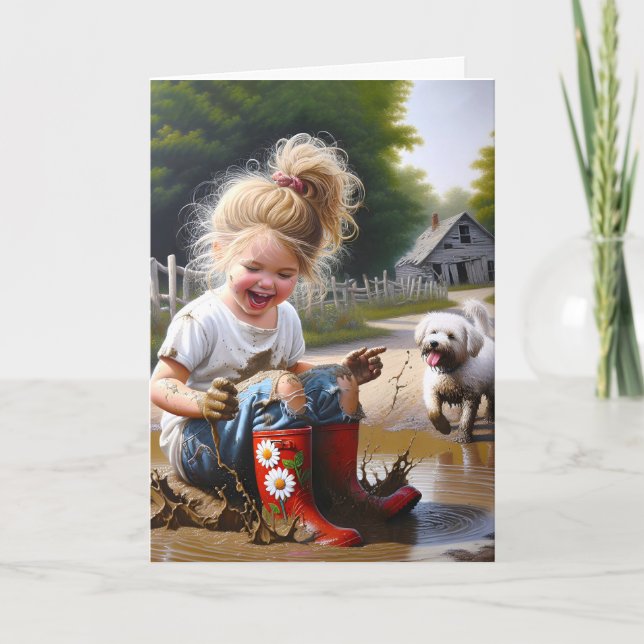 Little Girl In a Mud Puddle Birthday Card (Front)