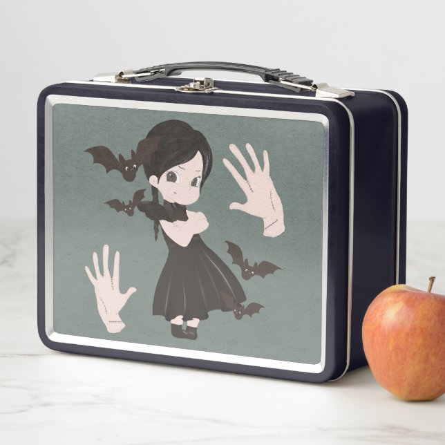Little girl in black dress metal lunch box (In Situ)