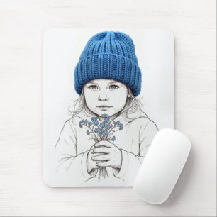 Little Girl In Blue Hat with Forget-me-not Flowers Mouse Mat