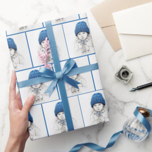 Little Girl In Blue Hat with Forget-me-not Flowers Wrapping Paper