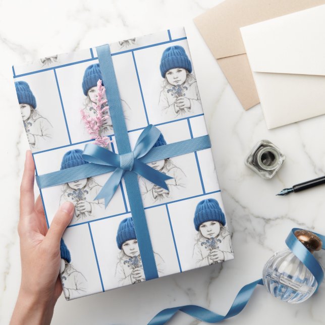 Little Girl In Blue Hat with Forget-me-not Flowers Wrapping Paper (Gifting)