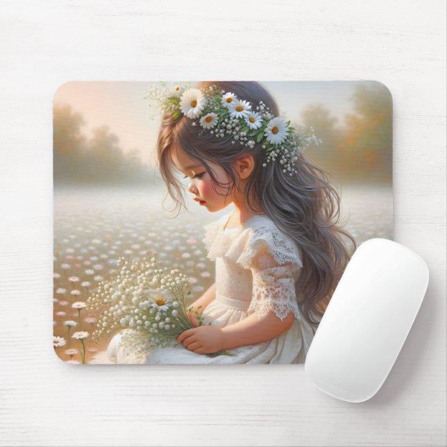 Little Girl In Daisy Field Mouse Mat (With Mouse)