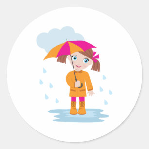 Little Girl in Orange Raincoat with Pink Umbrella Classic Round Sticker