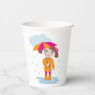 Little Girl in Orange Raincoat with Pink Umbrella Paper Cups
