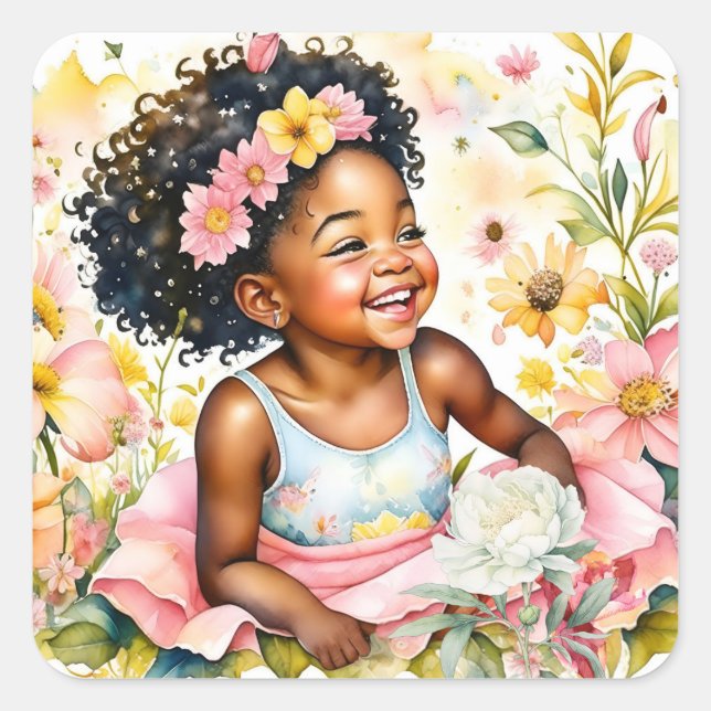 Little Girl in Pink Flowers Personalised Birthday Square Sticker (Front)