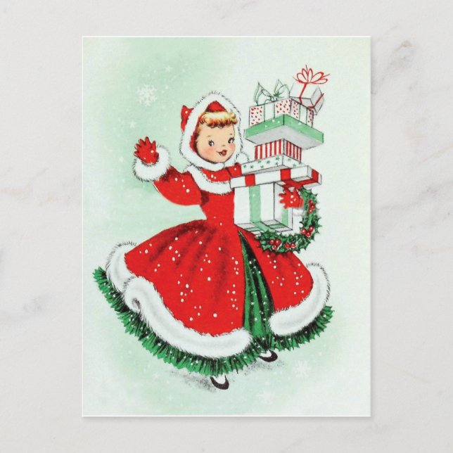 Little girl in red dress with Christmas gifts Postcard (Front)