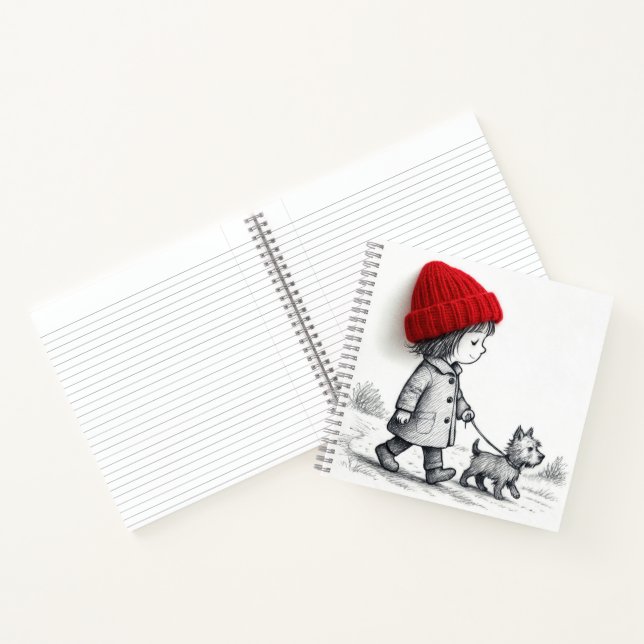 Little Girl In Red Hat Walking Her Dog Notebook (Inside)