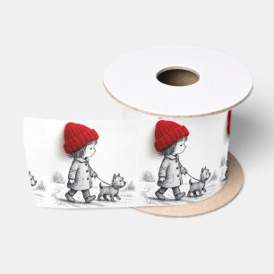Little Girl In Red Hat Walking Her Dog Satin Ribbon