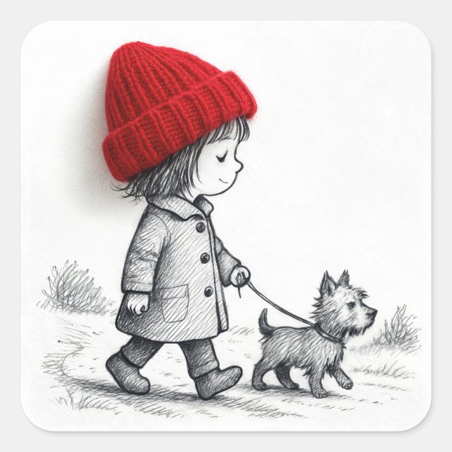 Little Girl In Red Hat Walking Her Dog Square Sticker (Front)