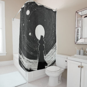 Little Girl in Space Black & White Cartoon Shower Curtain