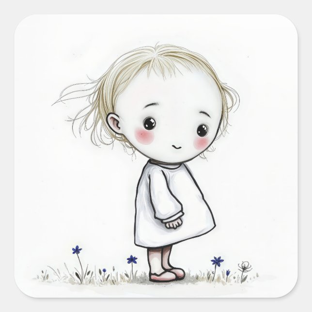 Little Girl In Wildflowers Sketch Square Sticker (Front)