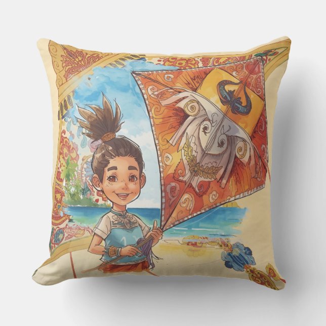 Little Girl is Flying a Kite on the Beach Cushion (Front)