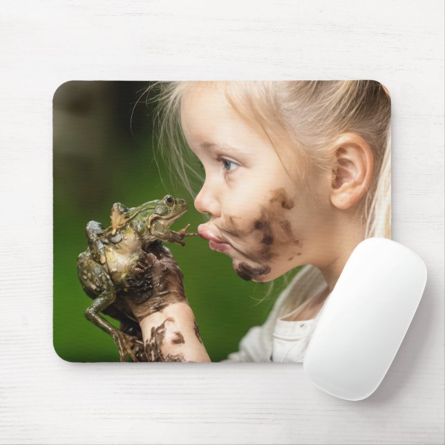 Little Girl Kissing a Muddy Frog Mouse Mat (With Mouse)