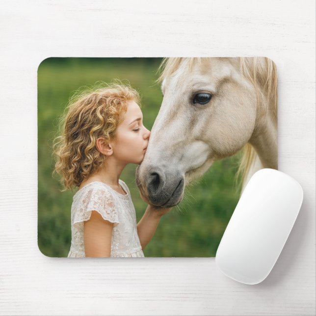 Little Girl Kissing Her Horse Mouse Mat (With Mouse)