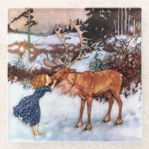 Little Girl Kissing Moose Glass Coaster