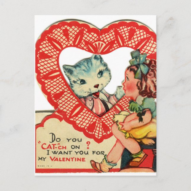 Little Girl & Kitten Vintage Valentine Postcard (Front)