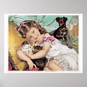 Little Girl, Kittens, and Dachshund Dog, Vintage Poster