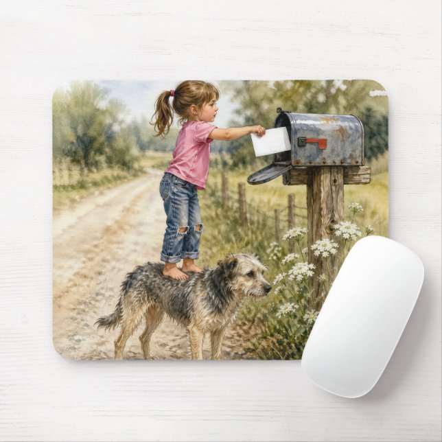 Little Girl Mailing a Card Mouse Mat (With Mouse)