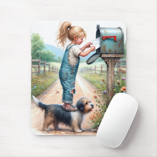 Little Girl Mailing a Letter Mouse Mat (With Mouse)