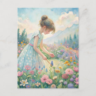 Little Girl Meadow Wildflowers Mountains Pastel Postcard