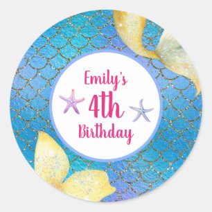 Little Girl Mermaid 4th Birthday Classic Round Sticker